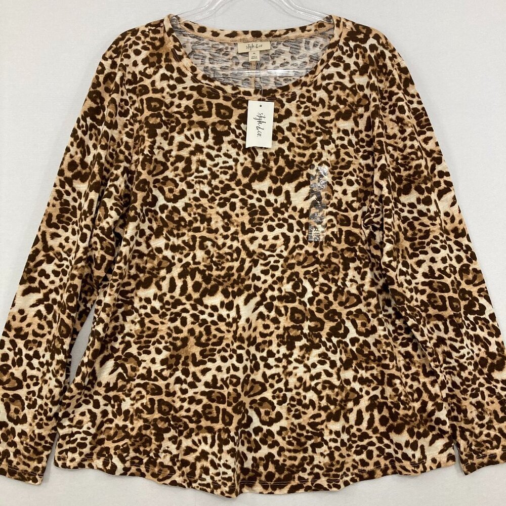 New‎ Style & Co size XL Brown Leopard Print Slub Cotton Stretch Casual Top